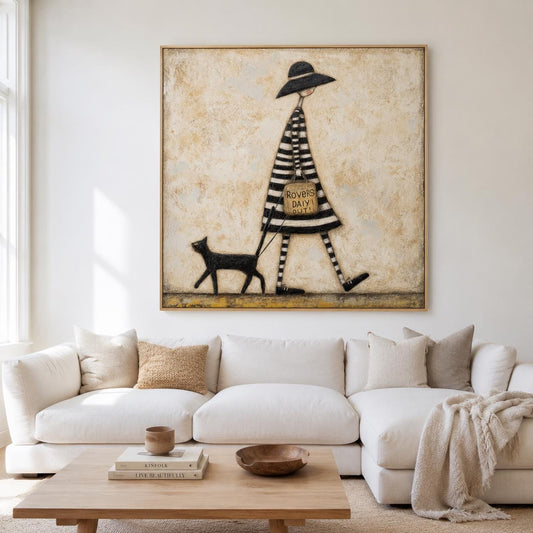 Woman Walking Cat Wall Art Vintage Black Hat Canvas Painting for Whimsical Bedroom Decor