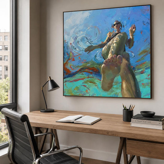 Swimming Woman Wall Art Blue Abstract Figure Canvas Painting for Bathroom Living Room Decor