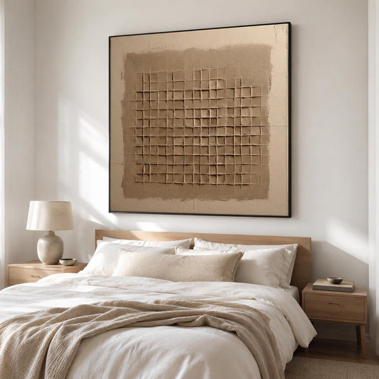 Beige Brown Wabi Sabi Wall Art 3D Grid Texture Canvas Painting for Office Decor