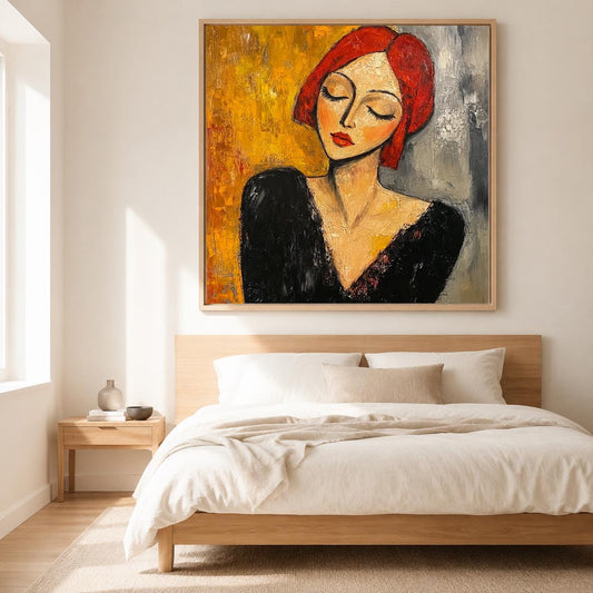 Red Hair Woman Portrait Wall Art Modigliani Style Abstract Canvas for Living Room