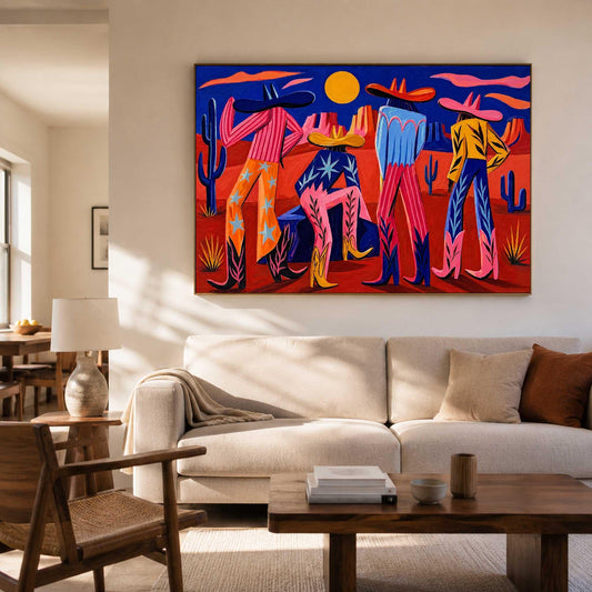 Colorful Western Cowboy Wall Art Desert Figures Canvas Painting for Modern Living Room Decor