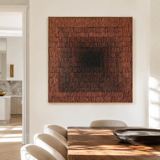 Terracotta Abstract Wall Art Dark Center Fine Line Canvas Painting for Dining Room