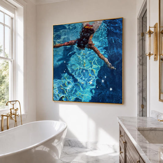 Diving Swimmer Wall Art Deep Blue Pool Textured Canvas Painting for Coastal Bathroom Decor