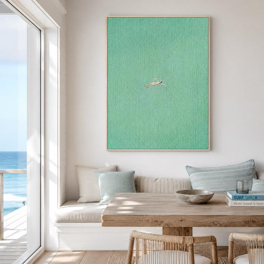 Sea Green Swimmer Wall Art Minimalist Ocean Canvas Painting for Coastal Spa Bathroom Decor