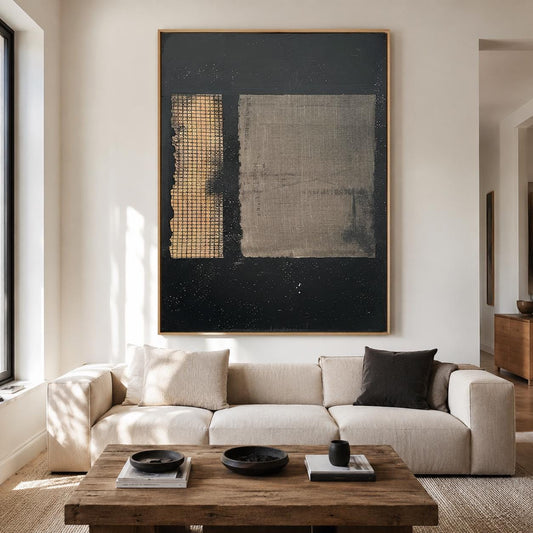 Black Beige Wabi Sabi Wall Art Textured Grid Canvas Painting for Living Room Decor