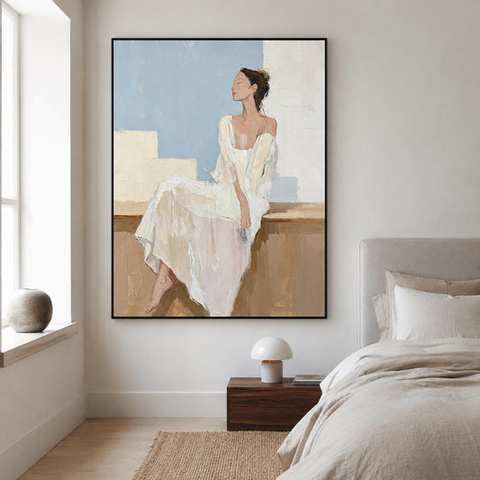 White Dress Woman Wall Art Soft Blue Figure Canvas Painting for Modern Living Room