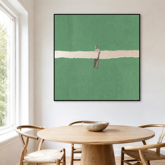 Green Minimalist Man Figure Wall Art White Line Canvas Painting for Modern Entryway Decor