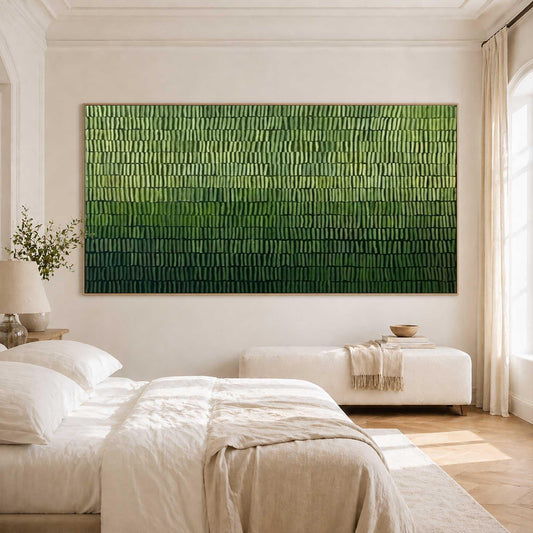 May include: A large rectangular wall art piece featuring a dense, textured pattern of vertical brushstrokes in a gradient of green shades, transitioning from light lime green at the top to a deep, dark forest green at the bottom edge.