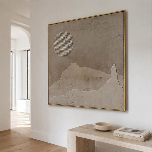 Brown Wabi Sabi Wall Art Moon Landscape Texture Canvas Painting for Living Room Decor