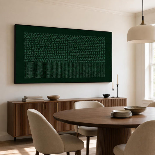 May include: A large rectangular wall art piece featuring a deep forest green background with a textured pattern of small dots in the upper section and vertical lines in the lower section, framed in a thin black border and mounted on a wall.