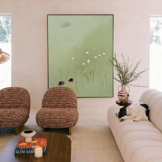 Soft Sage Green Daisy Wall Art Minimal Botanical Canvas Painting for Calm Nursery Decor
