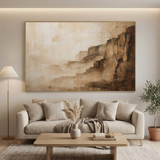 May include: A large rectangular wall art piece featuring an abstract landscape in shades of beige, cream, and dark brown. The painting displays textured, layered brushstrokes that create a rugged, cliff-like appearance with a grid-like pattern.