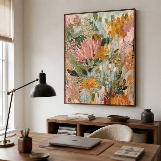 Floral Wall Art Pink Wildflower Textured Canvas Painting Colorful Leaves for Dining Room Decor