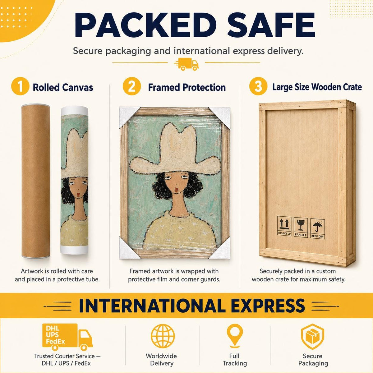 May include: An infographic titled PACKED SAFE showing three shipping methods: a rolled canvas in a protective tube, framed artwork with corner guards, and a large wooden crate. The bottom section displays INTERNATIONAL EXPRESS with icons for courier services, worldwide delivery, tracking, and secure packaging.