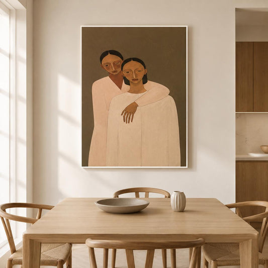 Two Women Portrait Wall Art Brown Figurative Canvas Painting for Modern Living Room Decor
