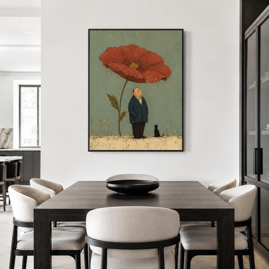 May include: A framed wall art print featuring a stylized illustration of a person in a dark blue suit standing beneath a large, vibrant red poppy flower, accompanied by a small black cat on a textured, muted green and beige background.