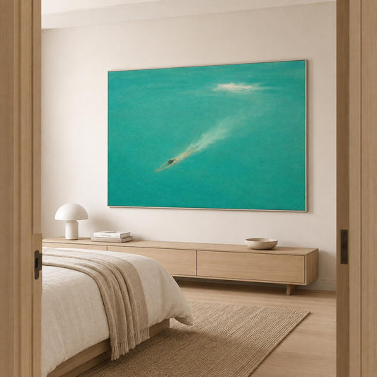 May include: A large rectangular wall art piece featuring a painting of a person swimming underwater in vibrant turquoise water. The artwork shows a figure submerged in the center with a trail of bubbles and light reflecting through the clear water.