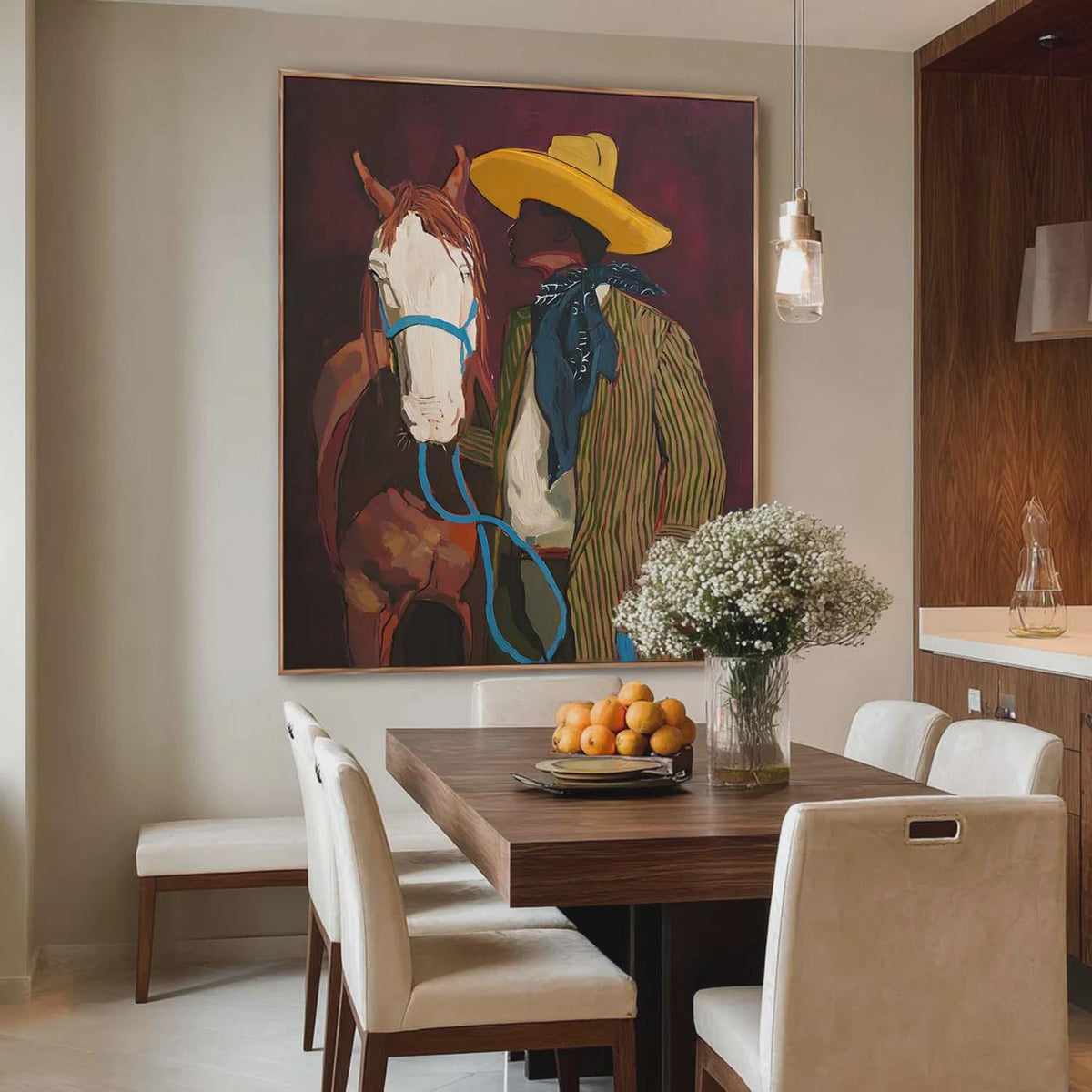 Abstract Horse Riding Oil Painting on Canvas, Original White Horse at Moonlit Night Canvas Wall Art,Abstract Cowboy Painting for Living Room