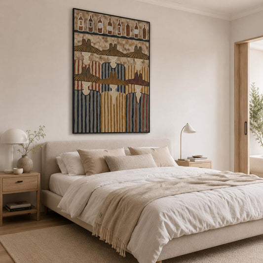 May include: A framed wall art print featuring a stylized illustration of six figures wearing wide-brimmed hats and striped garments. Above the figures, a row of nine bottle silhouettes is depicted against a textured, neutral-toned background.