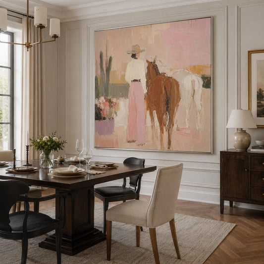 Cowgirl and Horses Wall Art Pink Western Textured Canvas Painting for Living Room Decor