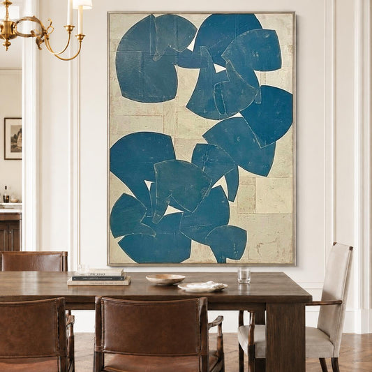 Large Blue Beige Abstract Wall Art Organic Shapes Canvas Painting for Living Room Decor