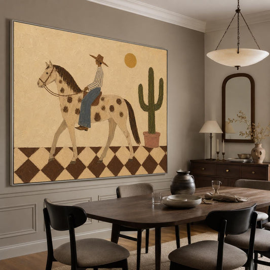 May include: A large rectangular wall art piece featuring a painting of a person in a hat riding a spotted horse across a brown and white checkered floor. A green cactus in a pot and a yellow sun are visible against a solid beige background.