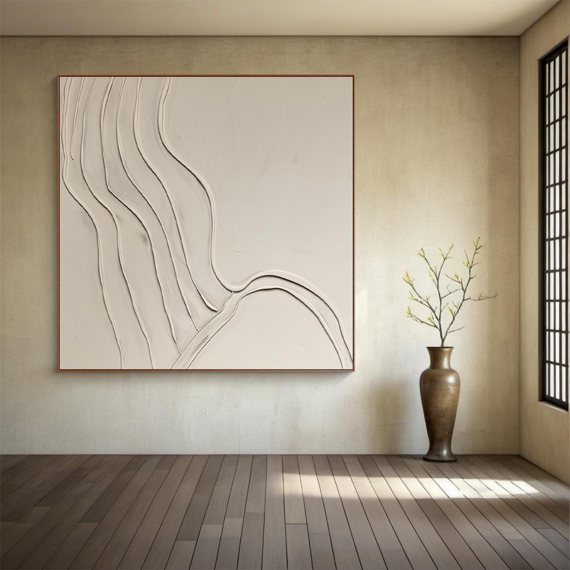 Large horizontal textured wall art with flowing beige lines - canvas texture detail