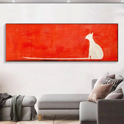 Minimalist Cat On Red Panoramic – Minimalist Cat Oil Painting, view 2