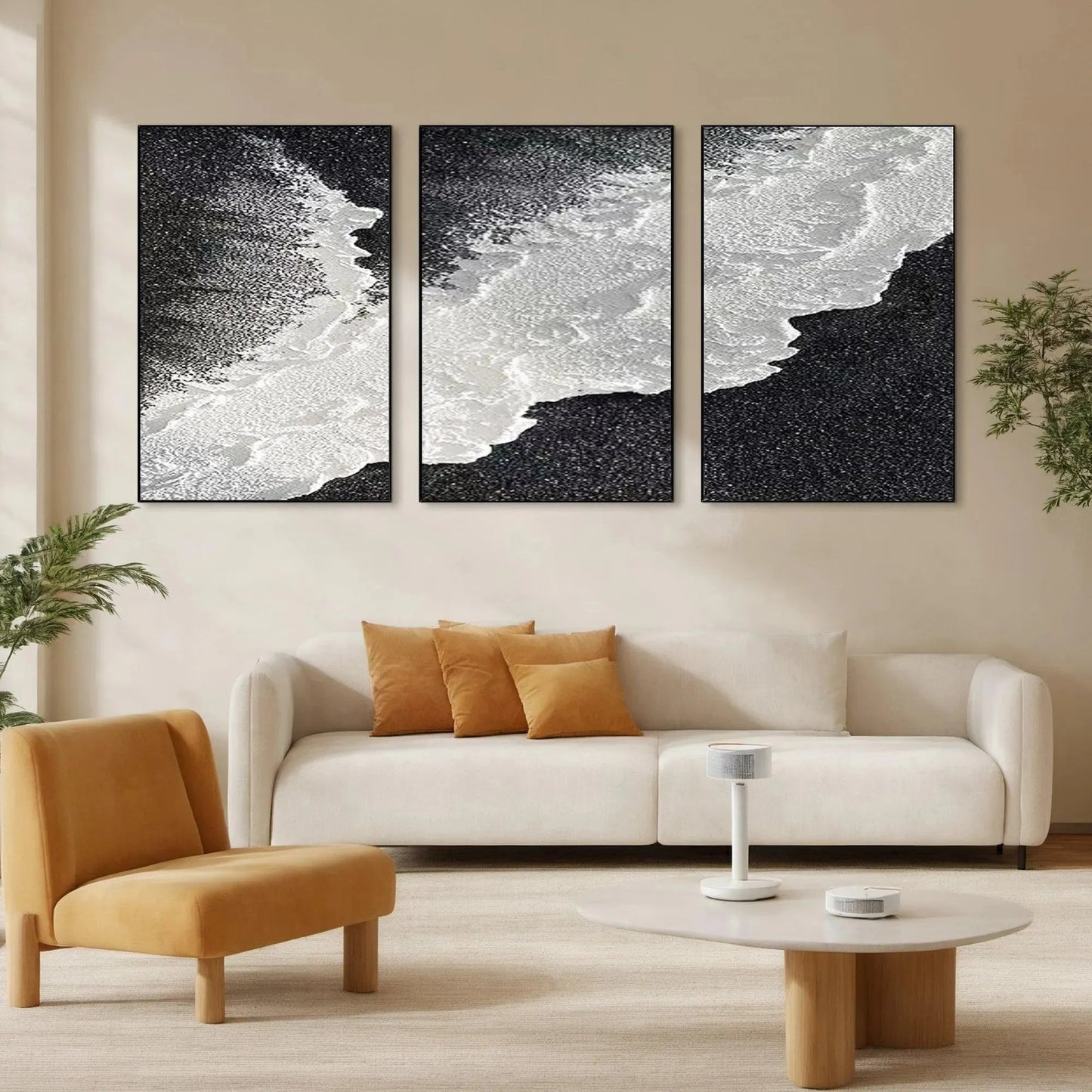Black & White Ocean Triptych hand-painted white and black textured coastal abstract painting shown as stretched canvas