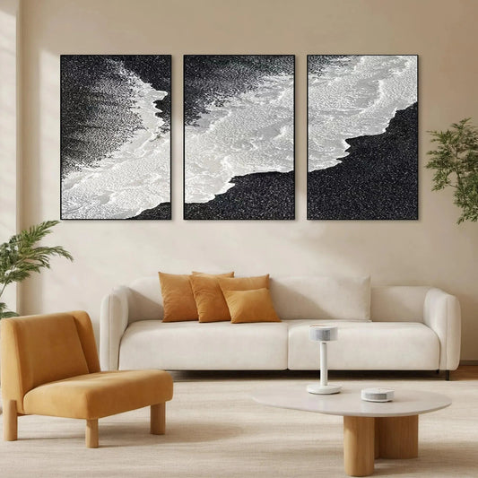 Black & White Ocean Triptych hand-painted white and black textured coastal abstract painting shown as stretched canvas