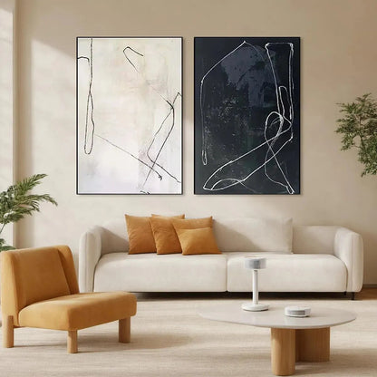 Minimalist Abstract Duo – Wabi-Sabi Black and White Abstract Oil Painting, view 2