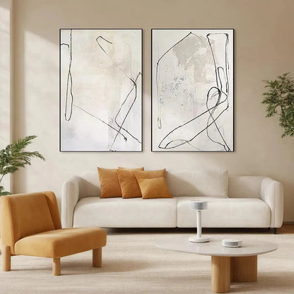Minimalist Abstract Diptych – Wabi-Sabi Abstract Line Art Oil Painting, view 2
