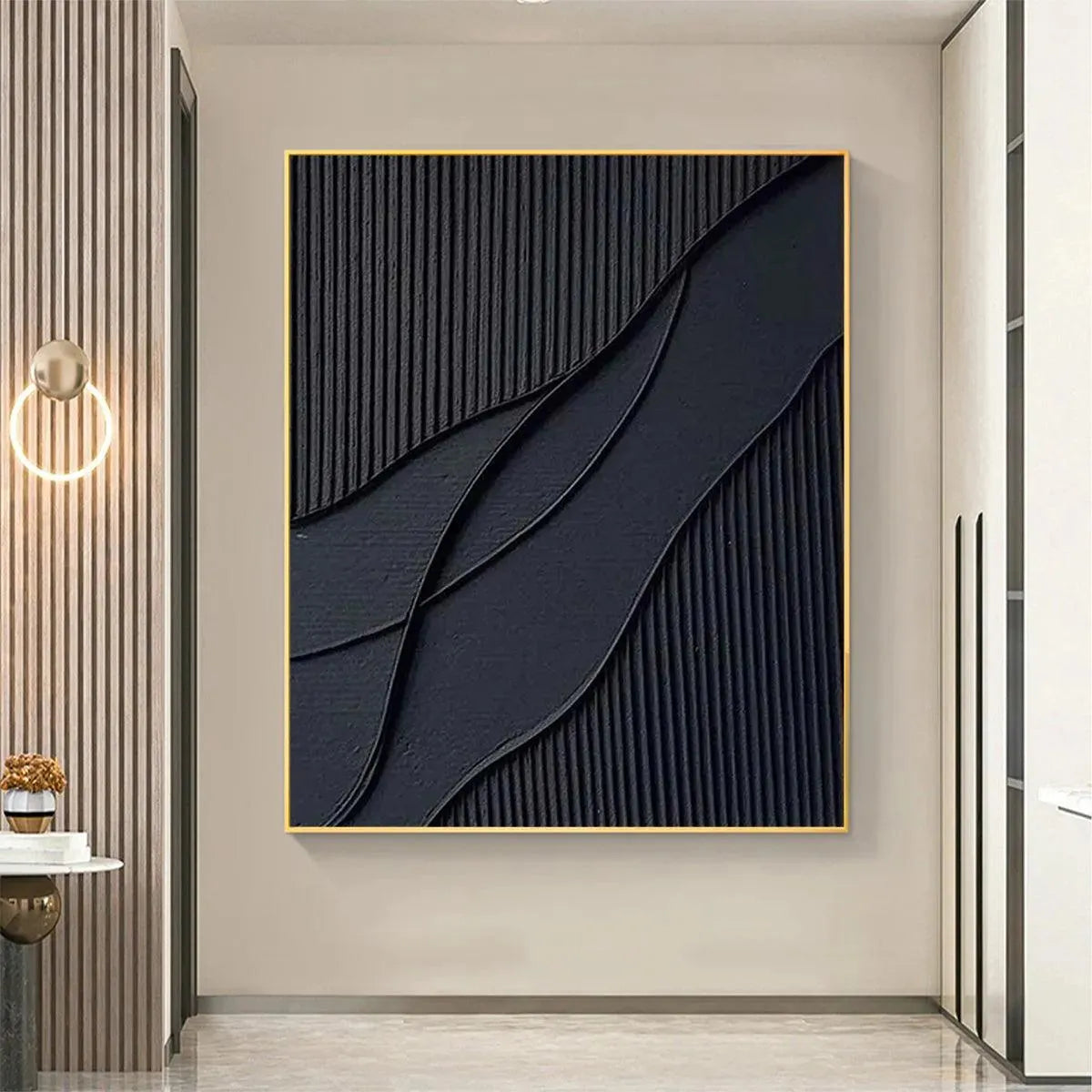 Black Wabi-Sabi Seascape Textured Oil Painting – Black Textured Waves