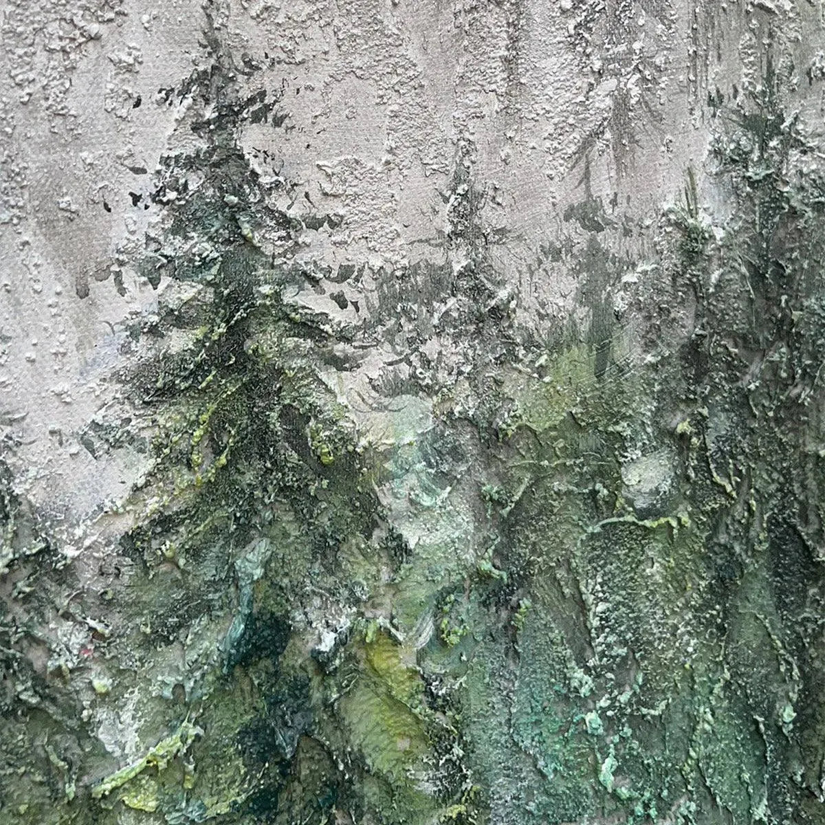 Emerald Mist hand-painted emerald green and ivory textured forest landscape painting shown with gold frame