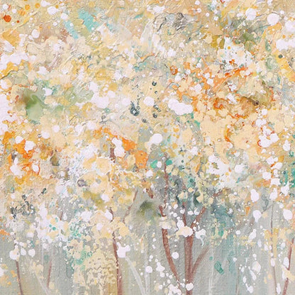Aspen Glow hand-painted forest green, soft grey and warm earth tones textured forest landscape painting shown with wood frame