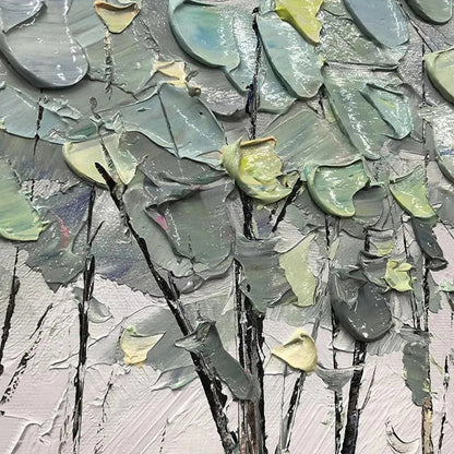 Serene Waters hand-painted ocean blue and green textured forest landscape painting shown with gold frame