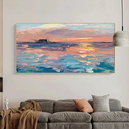 Dusk Reflections hand-painted ocean blue, ivory and soft neutral tones textured sunset seascape painting shown as stretched canvas