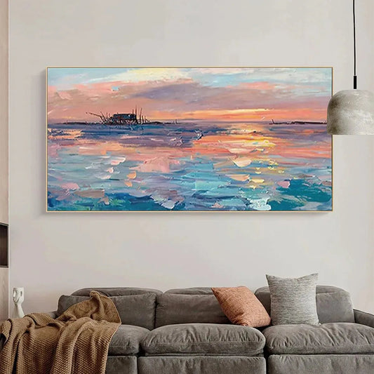 Dusk Reflections hand-painted ocean blue, ivory and soft neutral tones textured sunset seascape painting shown as stretched canvas