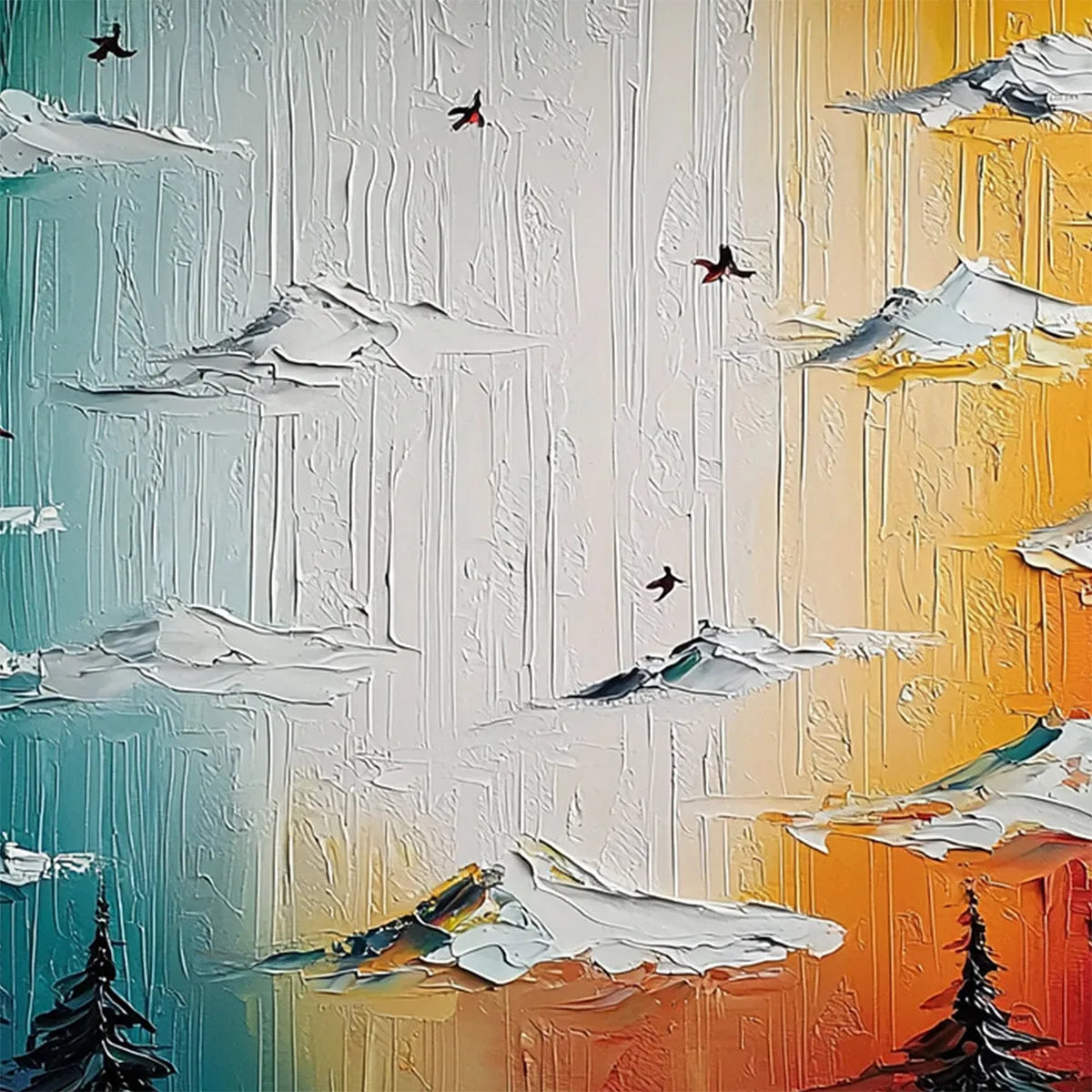 Chromatic Ascension hand-painted crimson, golden yellow, turquoise and violet textured mountain landscape painting shown with silver frame