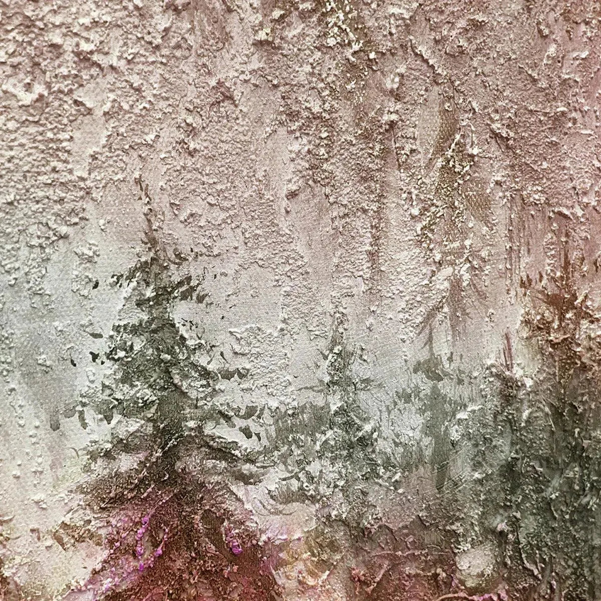 Misty Pines hand-painted forest green, soft grey and warm earth tones textured forest landscape painting shown with gold frame