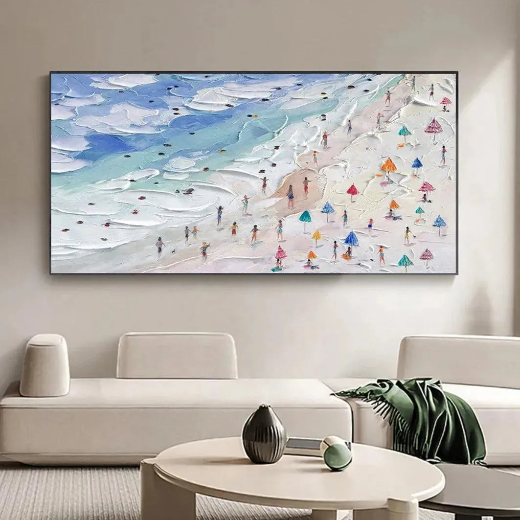 Beach Day Vibes hand-painted ocean blue, ivory and soft neutral tones textured beach scene painting shown as stretched canvas