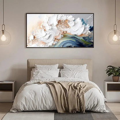 Ocean Whispers hand-painted cream, white and ocean blue textured ocean wave painting shown with white frame