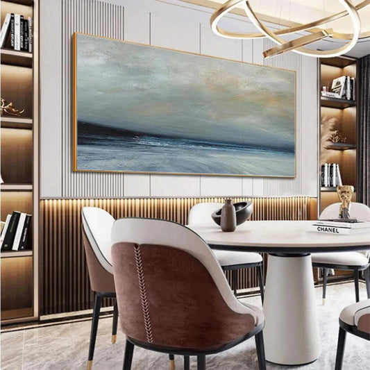 Twilight Coast hand-painted ocean blue, ivory and soft neutral tones textured sunset seascape painting shown as stretched canvas