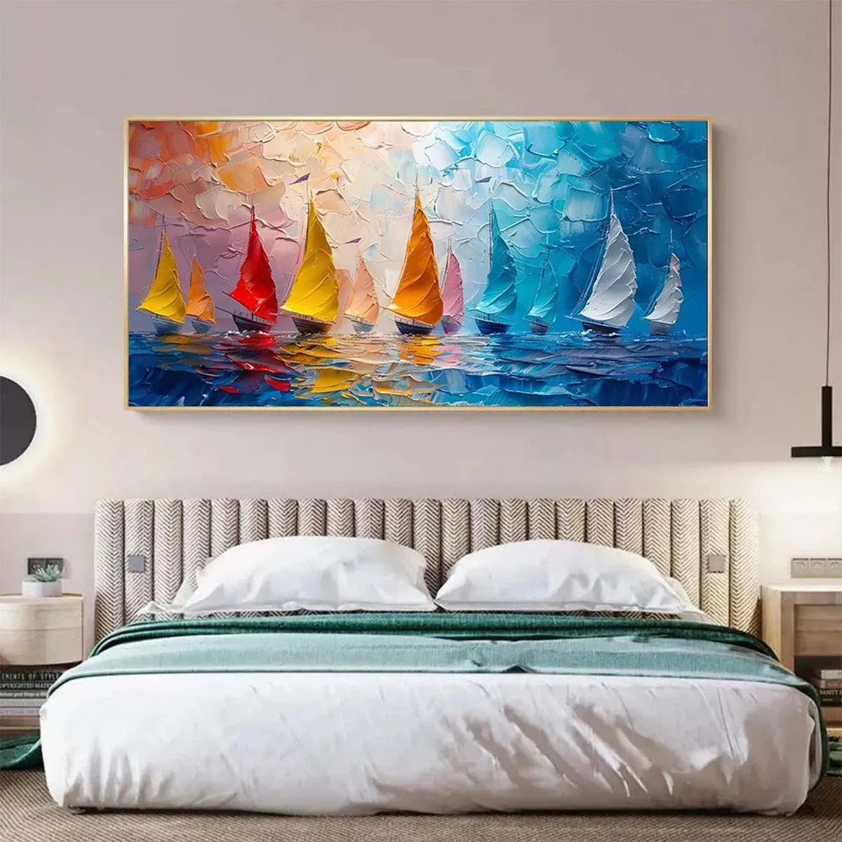 Regatta hand-painted ocean blue, ivory and soft neutral tones textured sailboat seascape painting shown with white frame