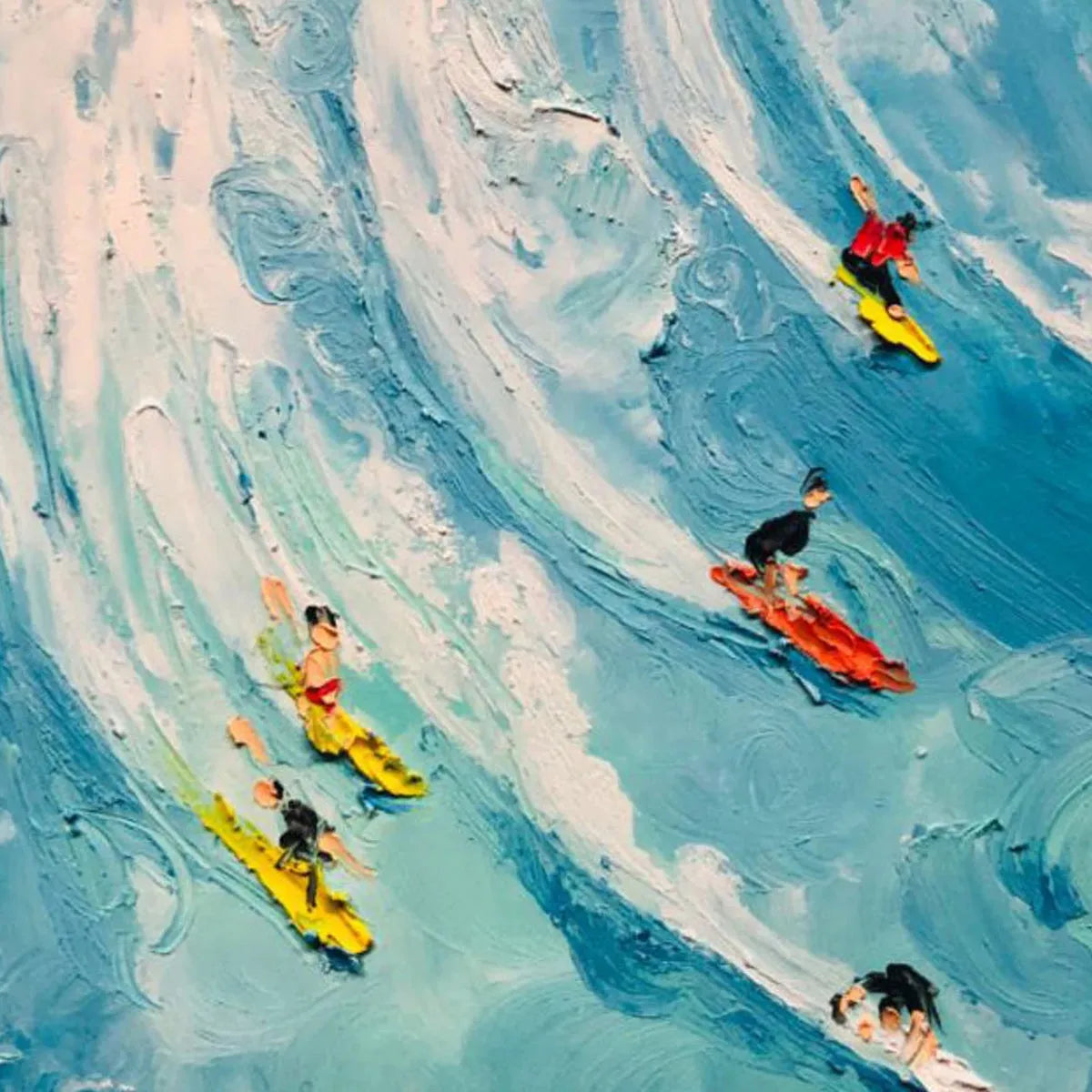 Wave Riders hand-painted white and ocean blue textured surfer ocean painting shown with white frame