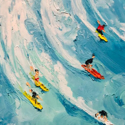 Wave Riders hand-painted white and ocean blue textured surfer ocean painting shown with white frame