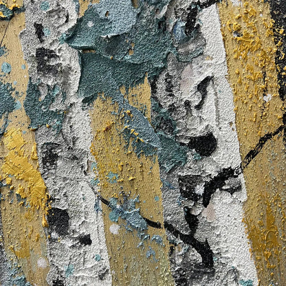 Golden Birch Grove hand-painted white, green and gold textured forest landscape painting shown with gold frame