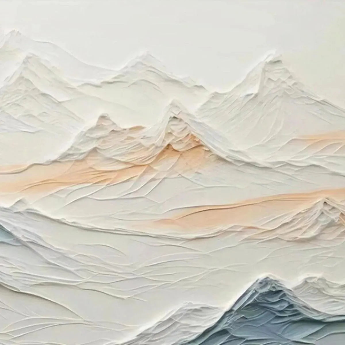 Tranquil Peaks hand-painted beige, ocean blue and orange textured abstract mountain painting shown with silver frame
