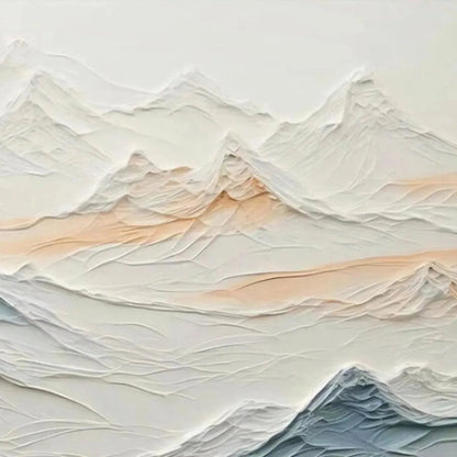 Tranquil Peaks hand-painted beige, ocean blue and orange textured abstract mountain painting shown with silver frame
