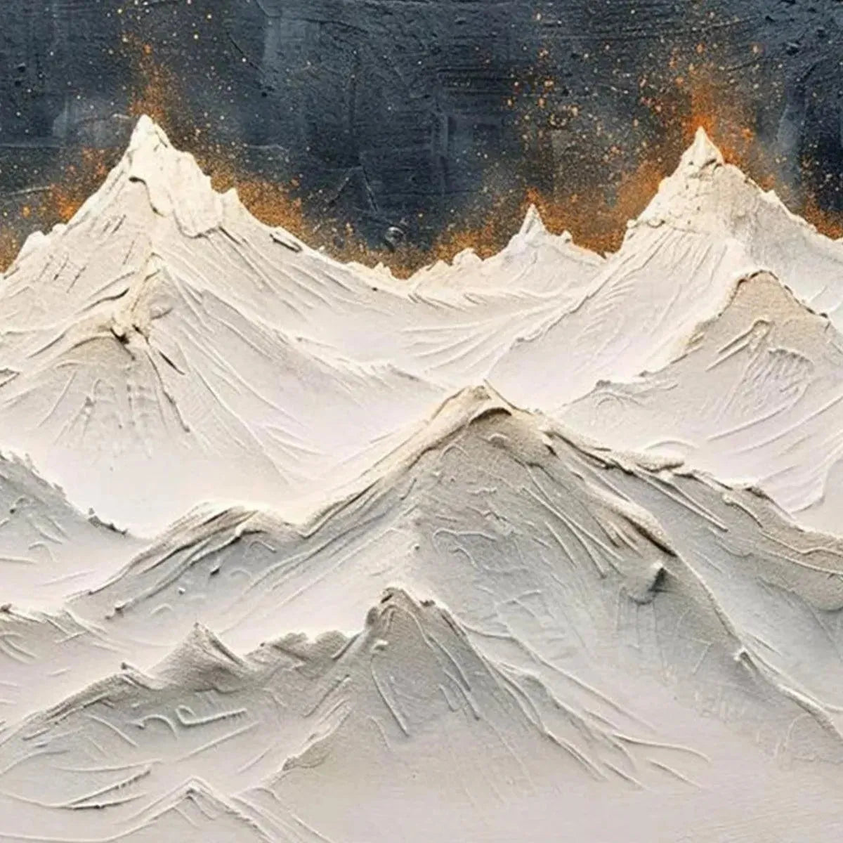 Snowy Peaks hand-painted white and gold textured mountain landscape painting shown with silver frame